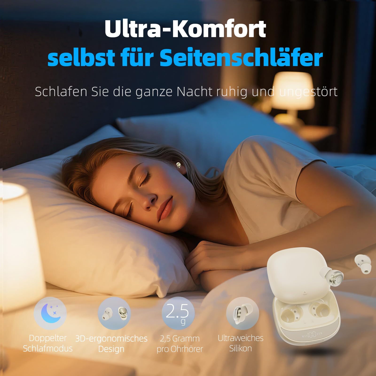 Bluetooth Kopfhörer Kabellos, Schlaf kopfhörer Seitenschläfer 2026, Schlafkopfhörer Bluetooth 5.4 mit White Noise, 6 EQ Sleep Earbuds, Mini Ohrhörer zum Schlafen 40Std, In Ear Kopfhörer LED