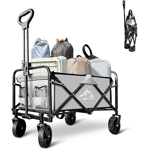 Foldable Wagon Cart, Collapsible Wagon Cart with Heavy Duty Wheels, 220Ibs Portable Folding Utility Wagon for Groceries, Beach, Camping, Outdoor Activities, Gray