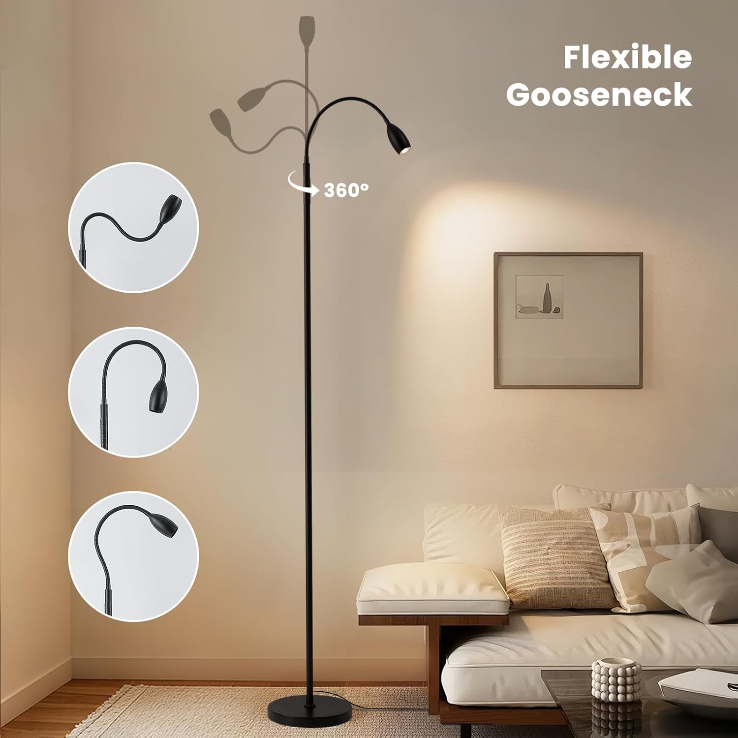 Reading Floor Lamp, Dimmable LED Floor Lamp with Remote, Standing Lamp with Flexible Gooseneck, Zoomable Spotlight, Reading Light, Task Crafting Tall Lamps for Living Room Office Bedroom