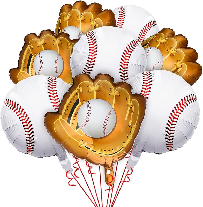 Skylety 8 Pcs Baseball Balloons Baseball Foil Glove Balloon Birthday Party Decorations 18'' Sports Themed Team Coach Stadium Photos Backdrop Senior Night Summer Party Decorations Supplies
