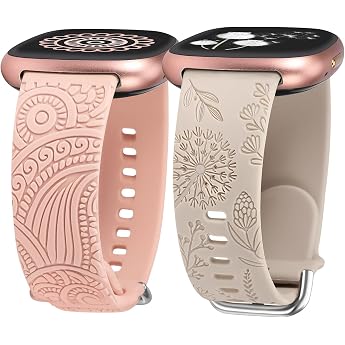 TOYOUTHS Pack of 2 Floral Engraved Wristbands Compatible with Fitbit Versa 4 / Versa 3 / Sense 2 / Sense Bracelet Sport Solo Loop Silicone Boho Henna / Dandelion Flower Fancy Cute Bracelets for Versa 4