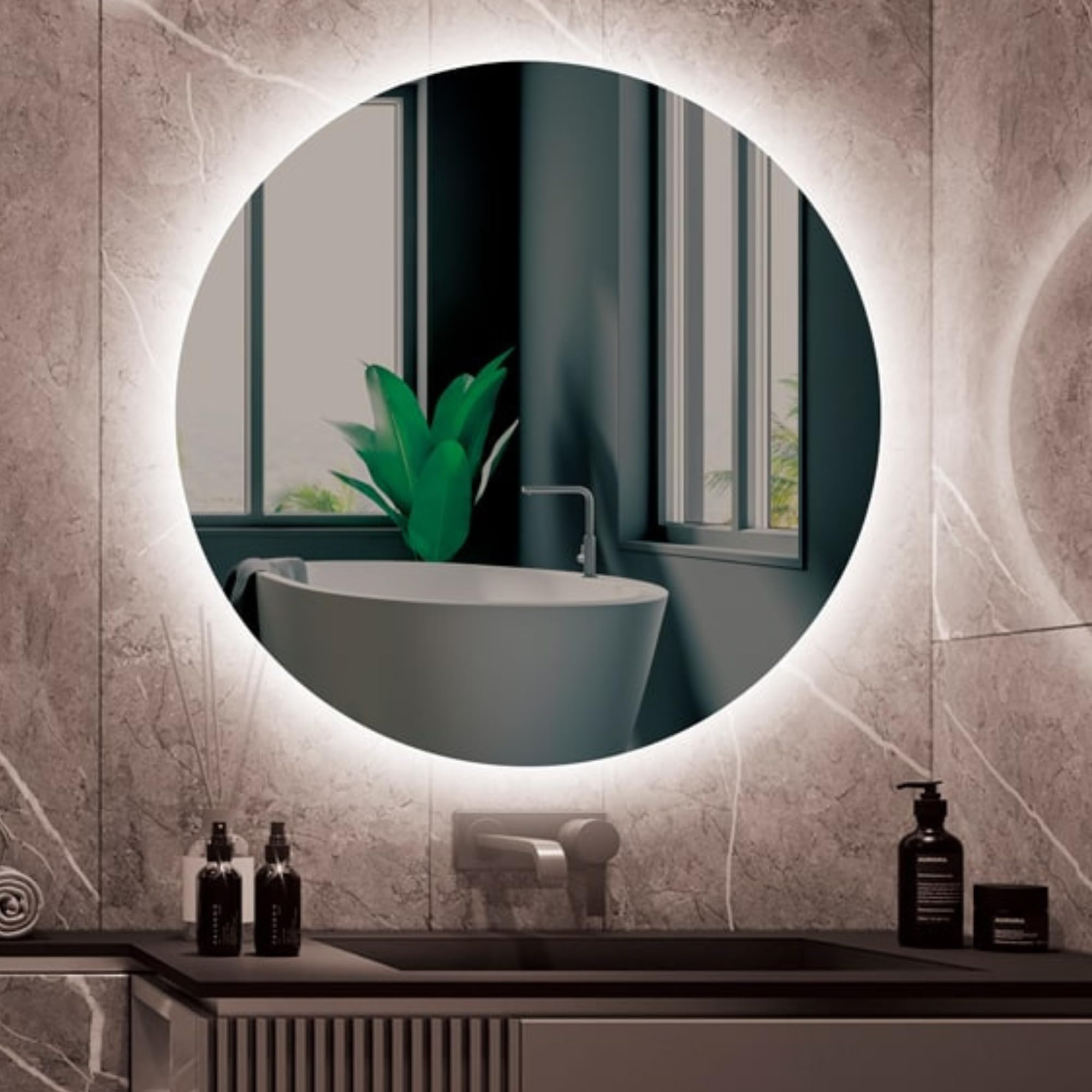 LEDIMEX - Espejo Baño LED Redondo 90cm con Antivaho | Espejo Retroiluminado con Luz Integrada Fría 6500k y Sensor ON/Off | Espejo Redondo Pared con Premarco para Mueble de Baño | Serie Lisboa
