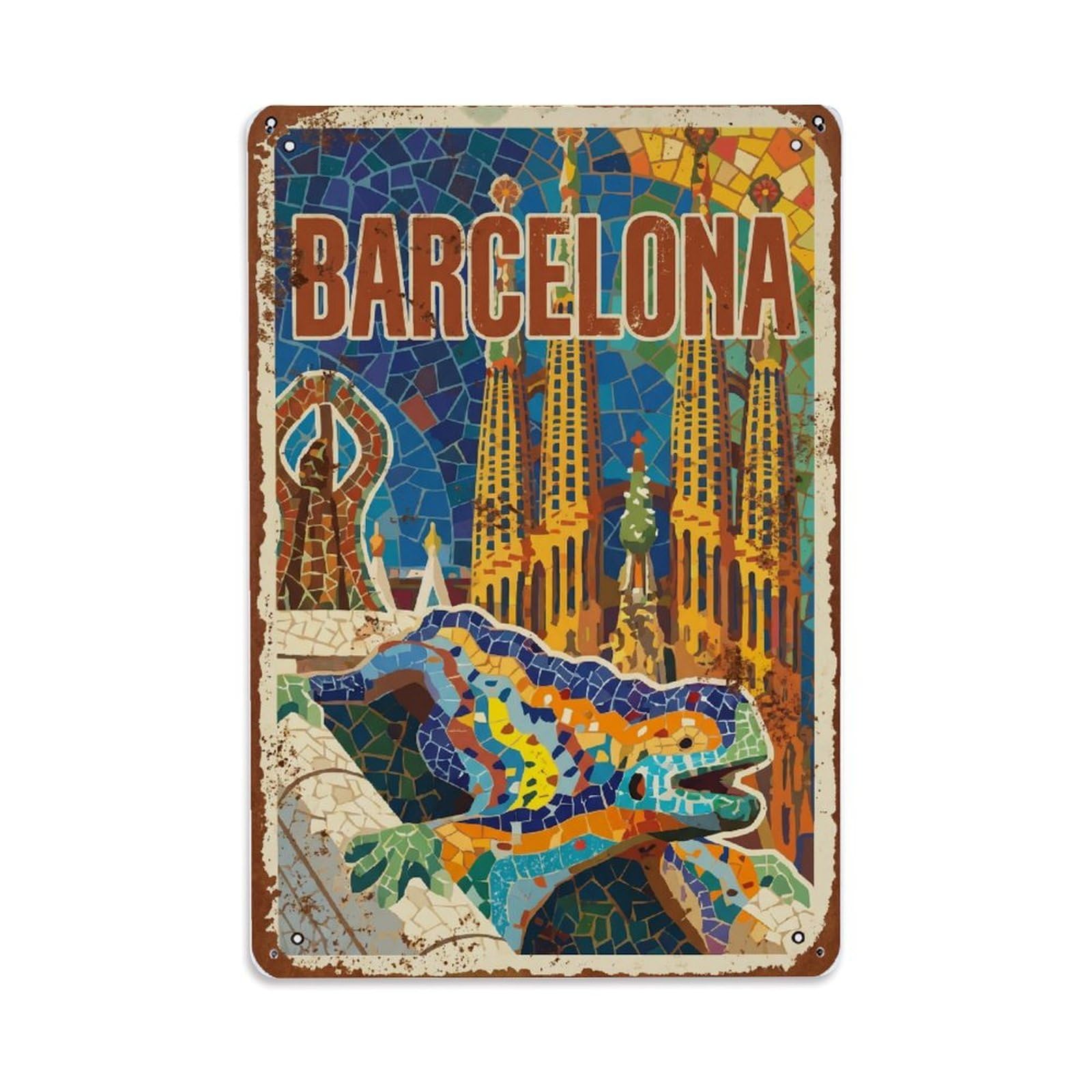 Vintage Travel Mosaics Spain Colorful Metal Tin Sign Plaque Wall Decor for Cafe, Club Bar, Office, Home Garden Metal Poster 8x12Inch