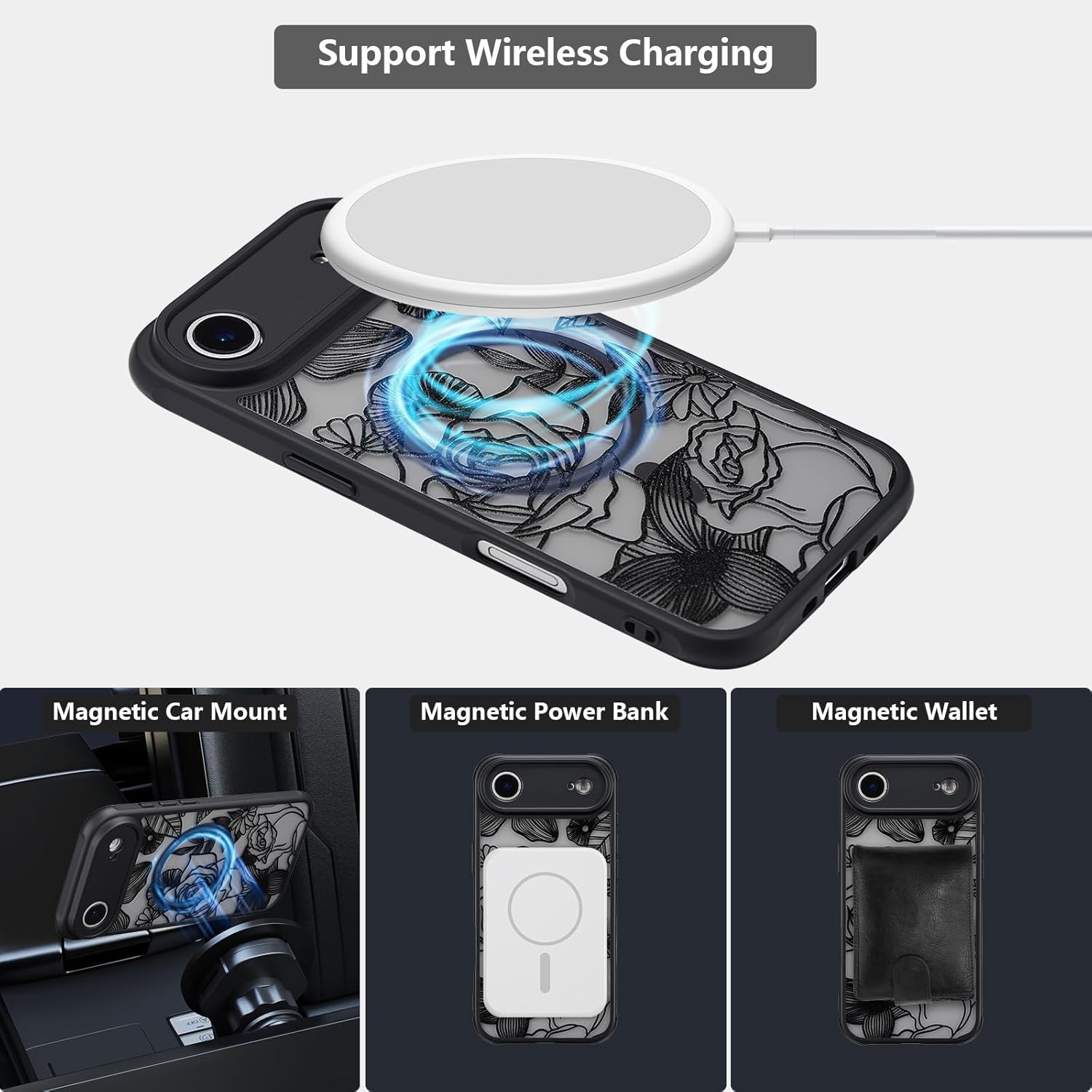 XIZYO Magnetic Case for iPhone Air Floral Rose Cute Phone Case [Compatible with Magsafe] for Women Girls Aesthetic Pattern Slim TPU Shockproof Bumper Cover, Black - Image 4
