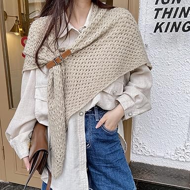 ZHOUXYFDC Strick Poncho Damen - Wolle Dreiecksschal Multifunktional Weiß