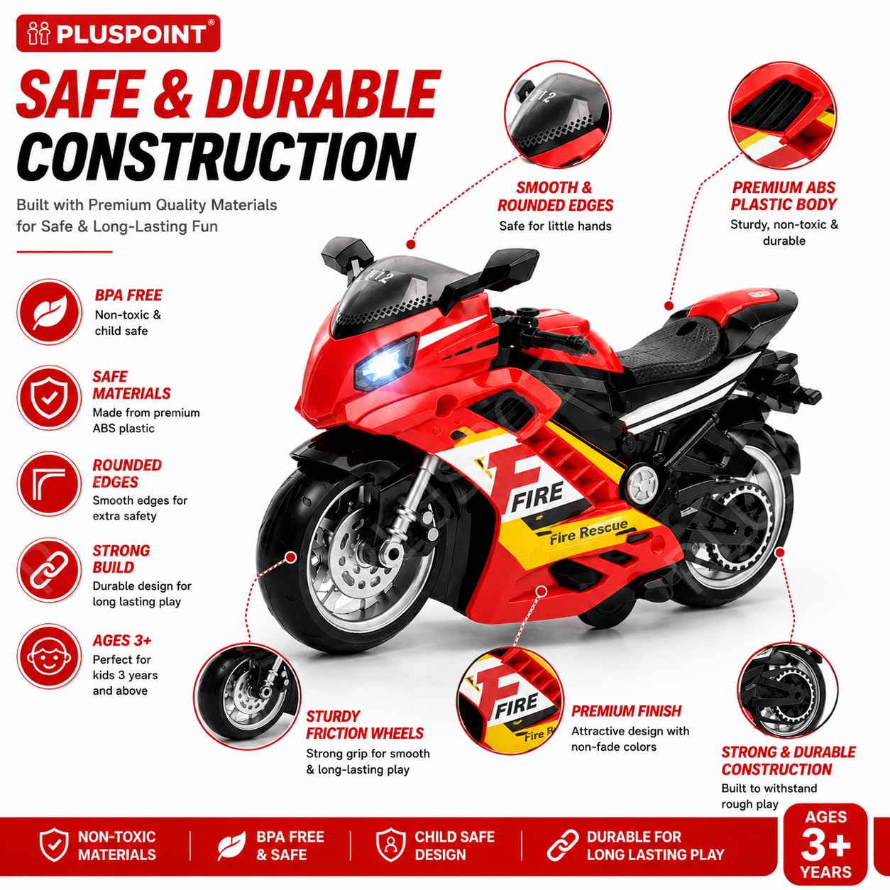PLUSPOINT Fire Rescue Motorcycle Toy | Friction Powered Fire Bike with Lights, Music & Inertial Push and Go Action | Emergency Rescue Vehicle Toy for Kids Boys & Girls Age 3+ 2