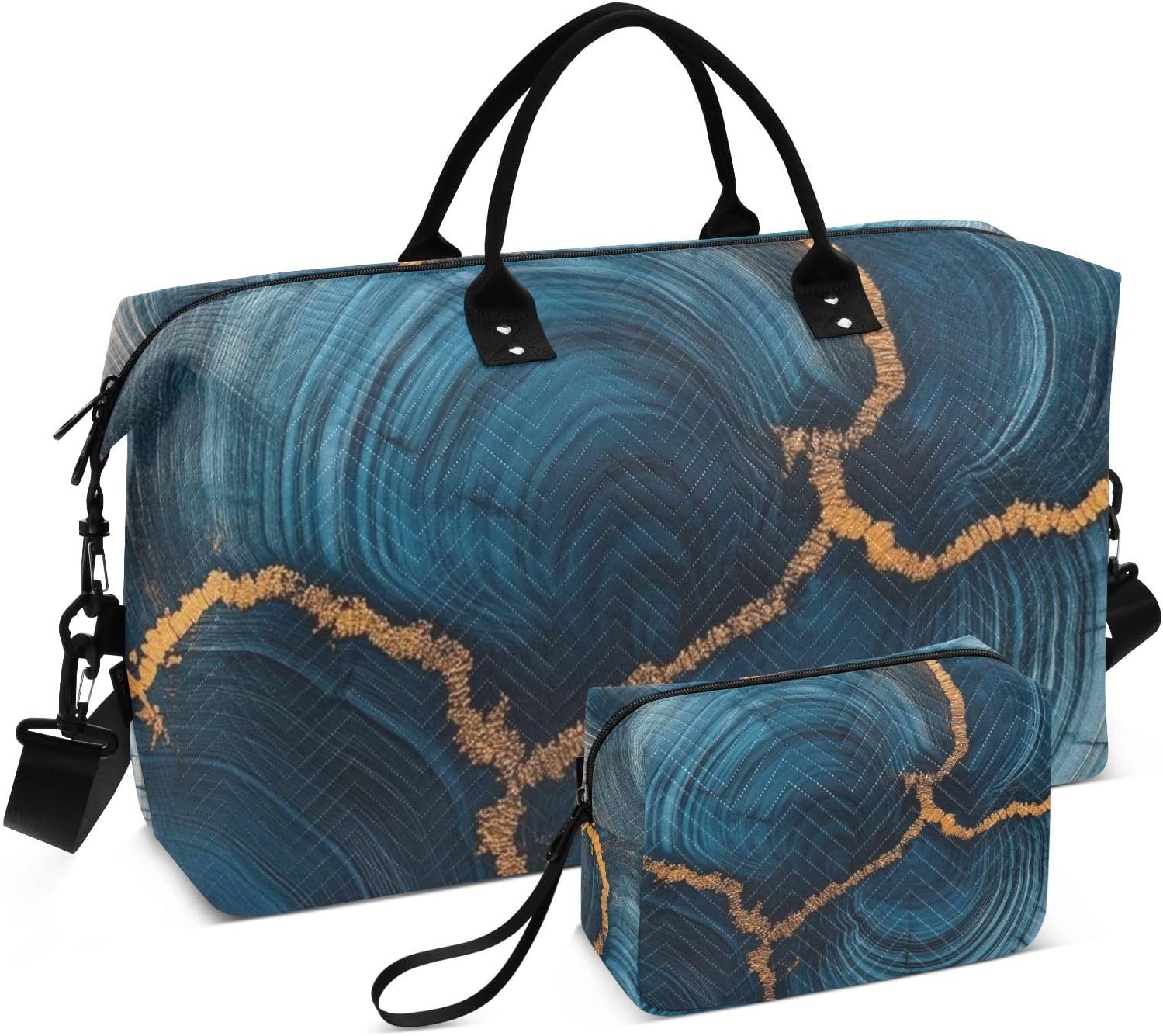 Luxurious Blue-gold Texture Travel Bag Overnight Bag Gym Tote Bag with Toiletry Bag for Yoga Foldable
