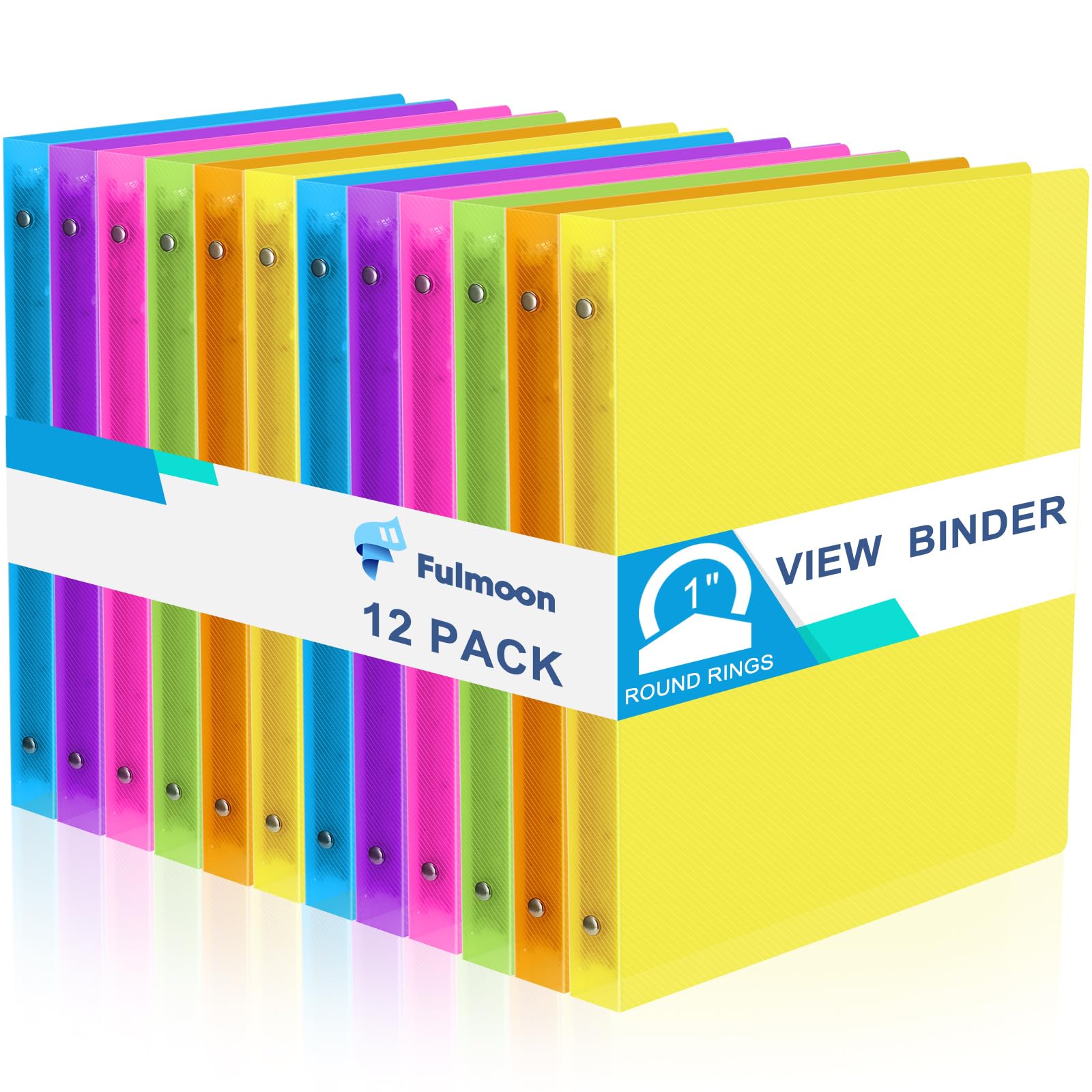 Fulmoon 12 Pcs 1 Inch 3 Ring Binder with 2 Interior Pockets Round Rings 3 Holes Binder Holds 175 Sheets Snap Button Closure Plastic Organization Binder for Office School Home Supplies (Multicoloured)