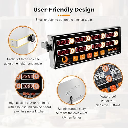 Miniatura 5 de BEAMNOVA Temporizador digital de cocina de 8 ventanas, alarma de anillo fuerte, recordatorio de freidora de cocina comercial, volumen ajustable,