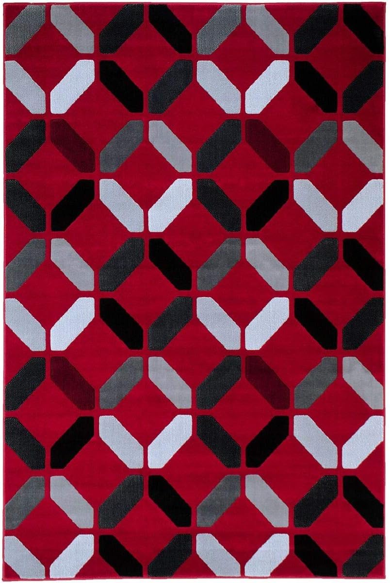 HR Red/Grey/Silver/Black/Dimond Pattern Area Rug Modern Contemporary Geometric Design Thick Pile, Shed-Free