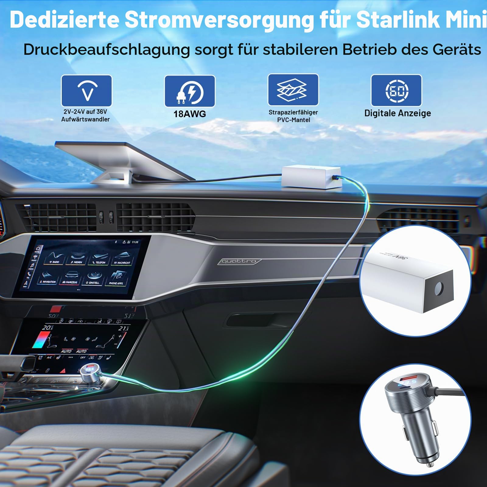 Starlink Mini Auto Adapter, 3 in 1 Starlink Mini Auto Ladegerät 12V-24V auf 36V Step Up Konverter DC Stromkabel mit Digitalanzeige, Durable USB C PD 45W und USB A 18W Ports für LKWs/RVs/Autos