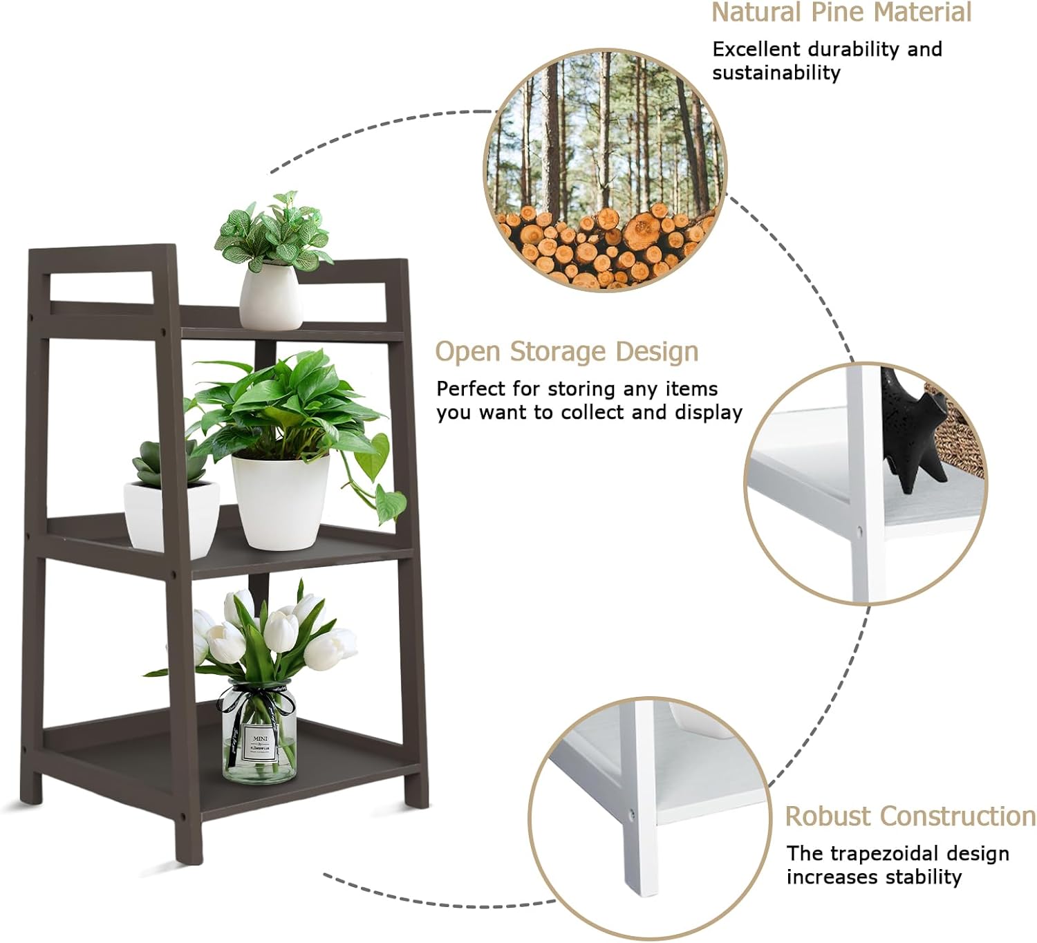 ECOMEX 3-Tier Ladder Shelf Modern Style Shelf, Ladder Bookshelf Open Storage Rack Wood Ladder Shelf with Solid Pine Frame, Freestanding Ladder Shelves for Home Office, Bedroom (Brown)