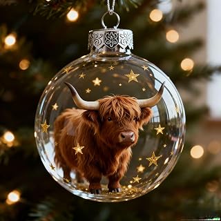 2026 Wildlife Wonders Collection Crystal Glass Christmas Tree Ornaments, Vivid 3D Animal Christmas Tabletop Decoration, Clear Plastic Xmas Balls Winter Tree Decor Holiday Ornament (Highland Cow)