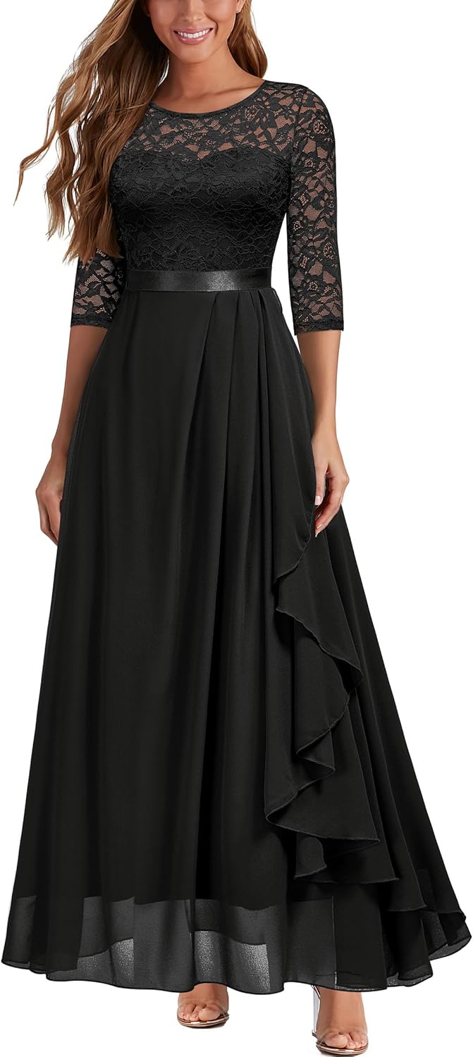 Miusol Women's Elegant Floral Lace Retro 3/4 Sleeve Contrast Bridesmaid Maxi Dress