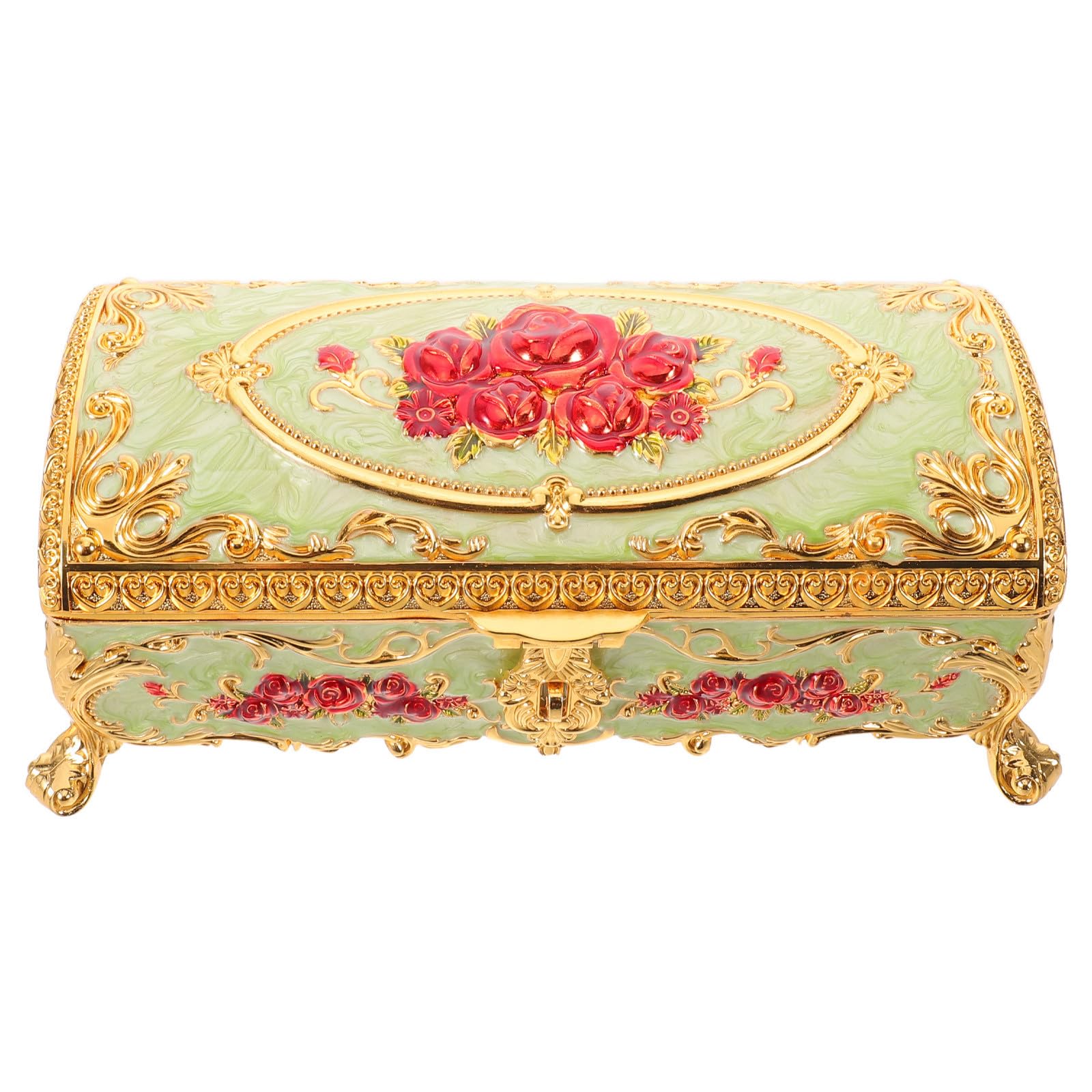 Portagioie Rettangolare Smaltato Verde con Design Artistico e Incisioni Floreali, Scatola per Gioielli Vintage da Interno per Donne e Appassionati d'Arte