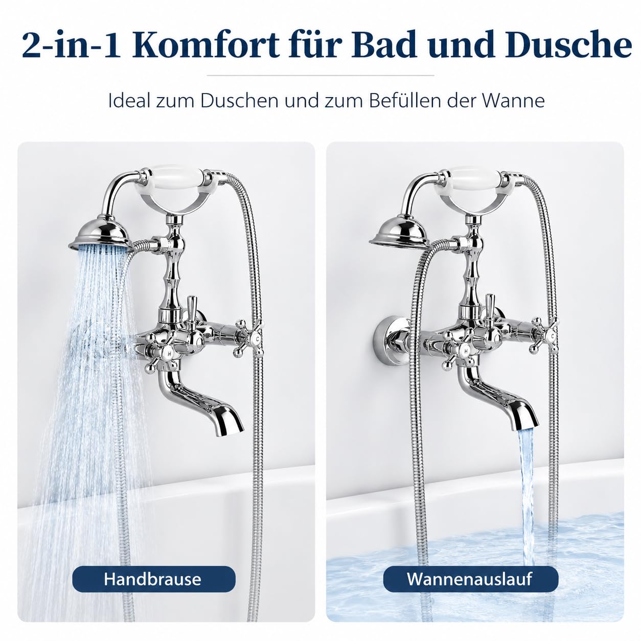 Retro Badewannenarmatur mit Handbrause, Chrom Wannenarmatur mit Brause Duschkopf, Duscharmatur Wasserhahn Badewanne Set für Bad Dusche, 1,5m Duschschlauch