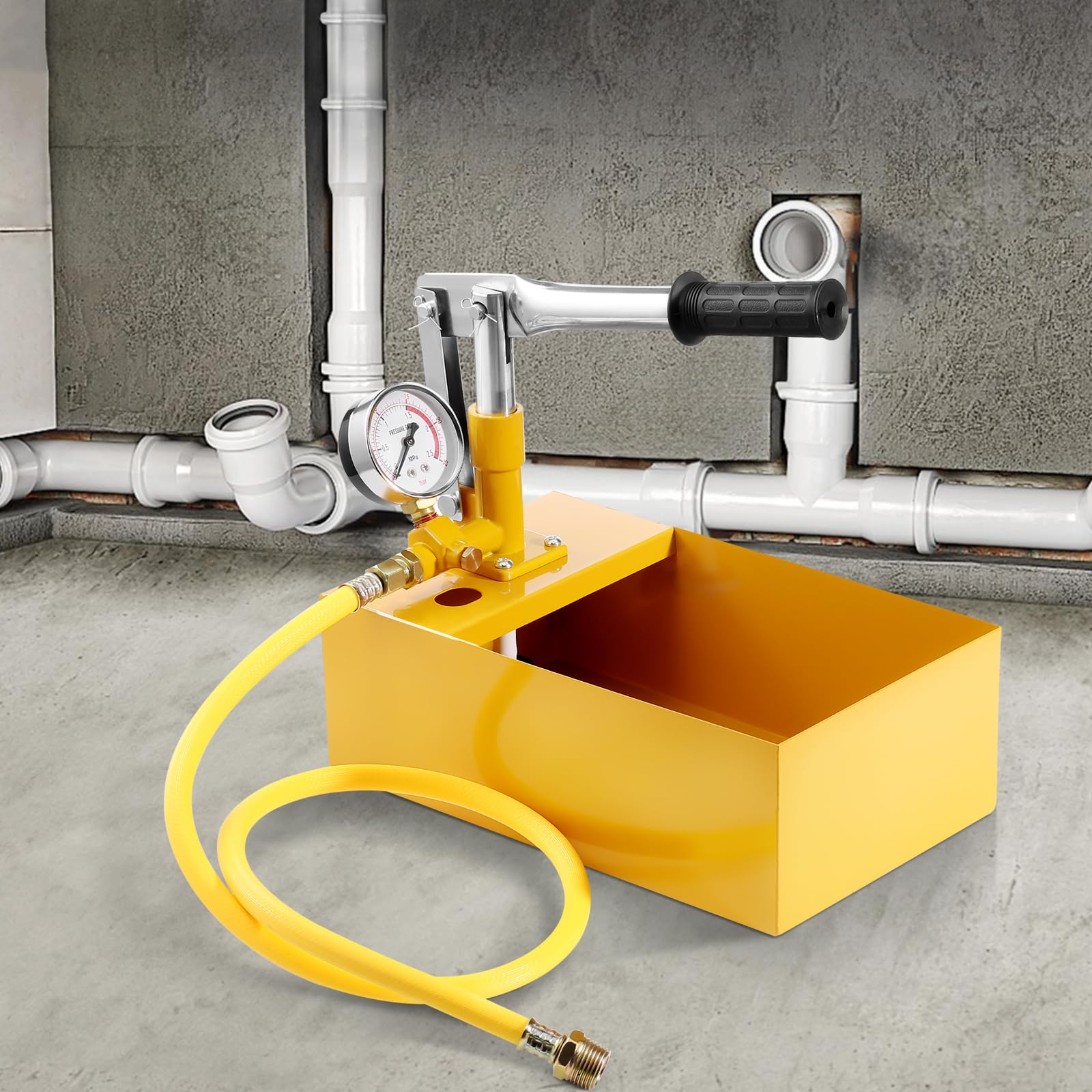 VEVOR Pompe de Test Hydrostatique 25 bar Kit Testeur de Pression d'Eau Manuel Hydraulique à Valve Unique avec Réservoir d'Eau 5 L Tuyau 1 m avec Connecteur à Filetage Externe 1/2'' pour Canalisation