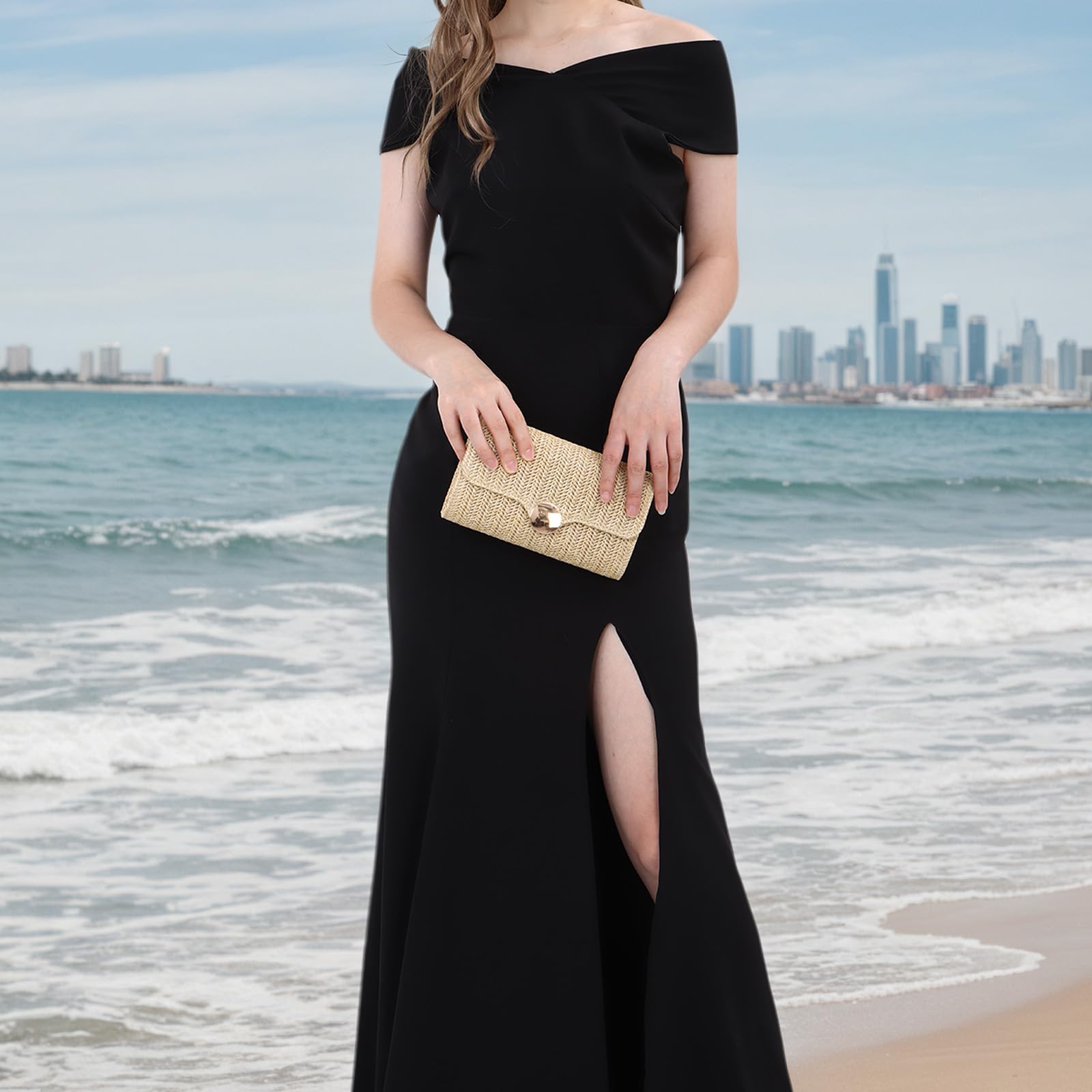 Bolso de Paja Tejida para Mujeres Playa de Verano Elegante Bolso de Noche con Cadena