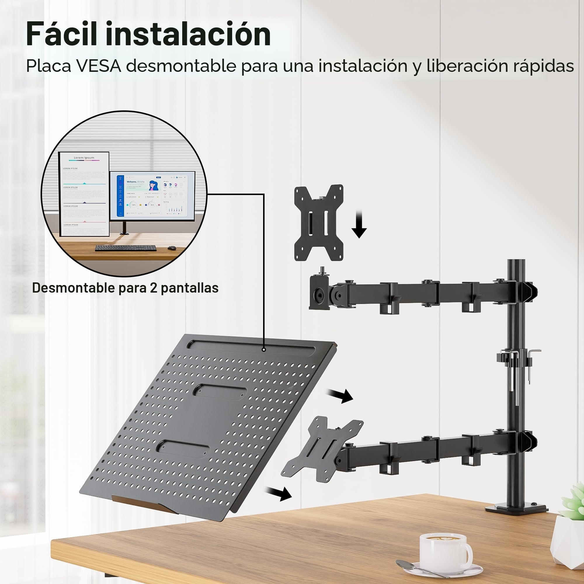 REDBAT Brazo para Monitor de 13 a 32 Pulgadas Pantalla LED LCD, con Bandeja para Portátil hasta 16 Pulgadas, Soporte con VESA de 75/100 mm, 2 Opciones de Montaje