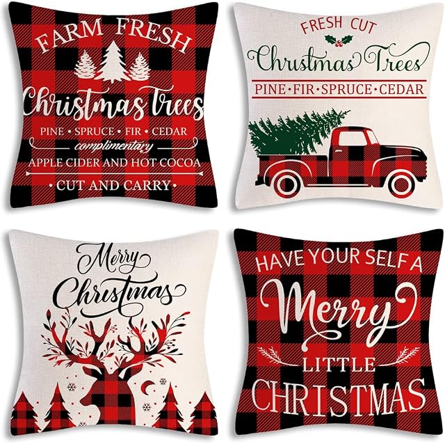 NDLT Christmas Pillow Covers Set of 4, Christmas Decorative Pillow Cover White and Red Buffalo Plaid Pillow Covers, Christmas Trees Car Antlers Home Decor Cushion Cover for Sofa ( 18x18 inch )
