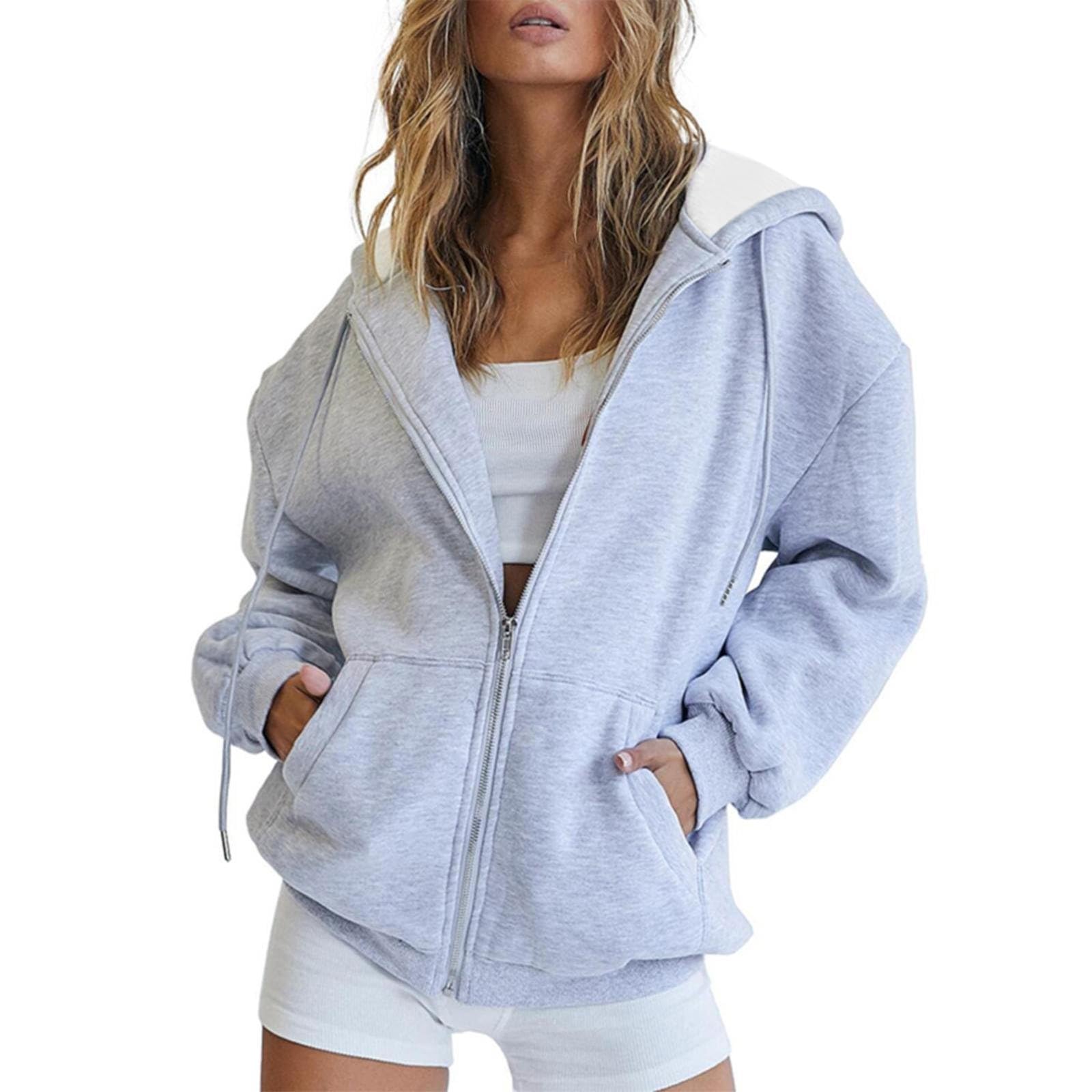 Women Teen Girls Hoodies Fall Long Sleeve Jacket Cute Zip up Hoodie Oversized Y2k Sweatshirts Pockets