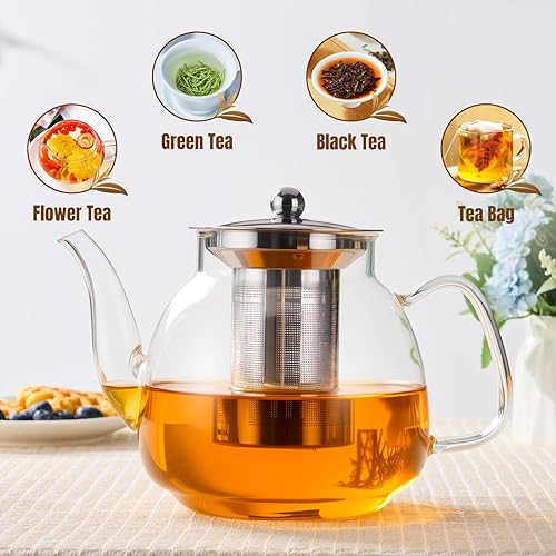 Miniatura 4 de PARACITY Estufa de vidrio de 50 onzas50.7 fl oz, tetera con infusor de acero inoxidable 188 extraíble, tetera transparente de borosilicato, tetera