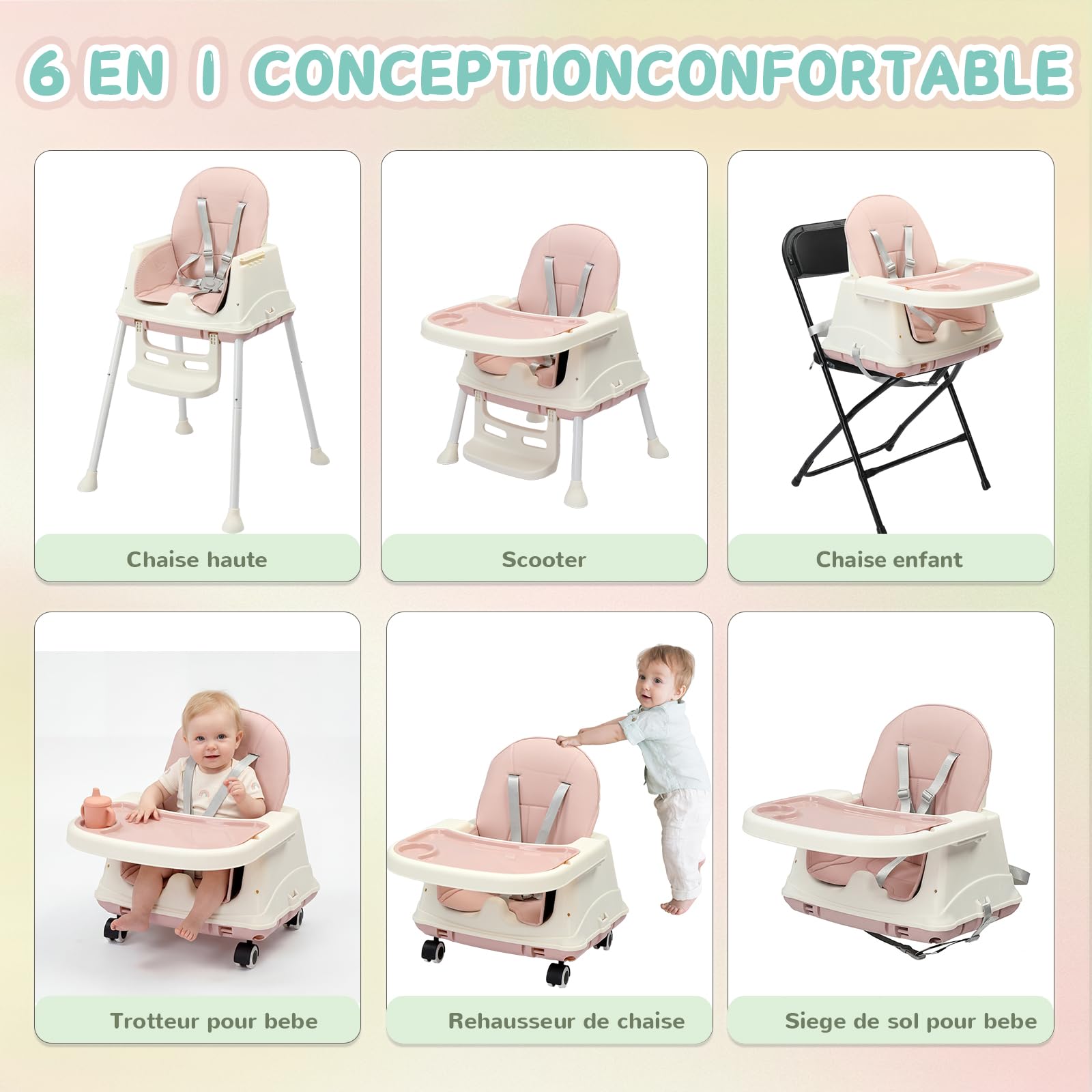 LEADZM Chaise Haute Bébé 4 en 1, Convertible en SUV Yokogawa et Trotteur, Plateau Double Amovible avec Roulettes Pivotantes, Charge Maximale 15 kg, Convient aux Bébés de 6 Mois et Plus (Rose)