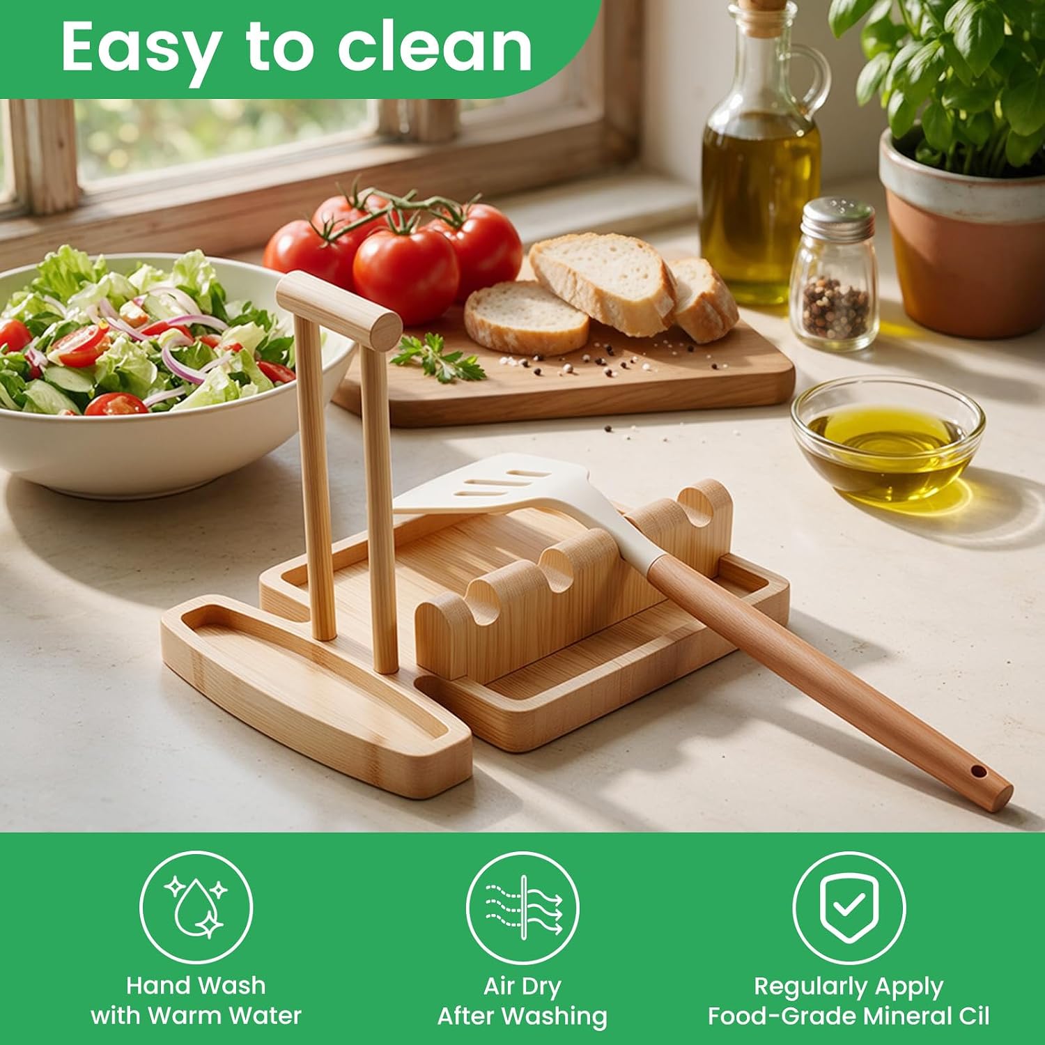 Bamboo Spoon Rest & Pot Lid Holder for Stove Top, 2-in-1 Spatula Rest and Kitchen Utensil Organizer, Countertop Spoon Holder for Cooking Spoons, Spatulas & Lids, Natural Bamboo Kitchen Storage Rack