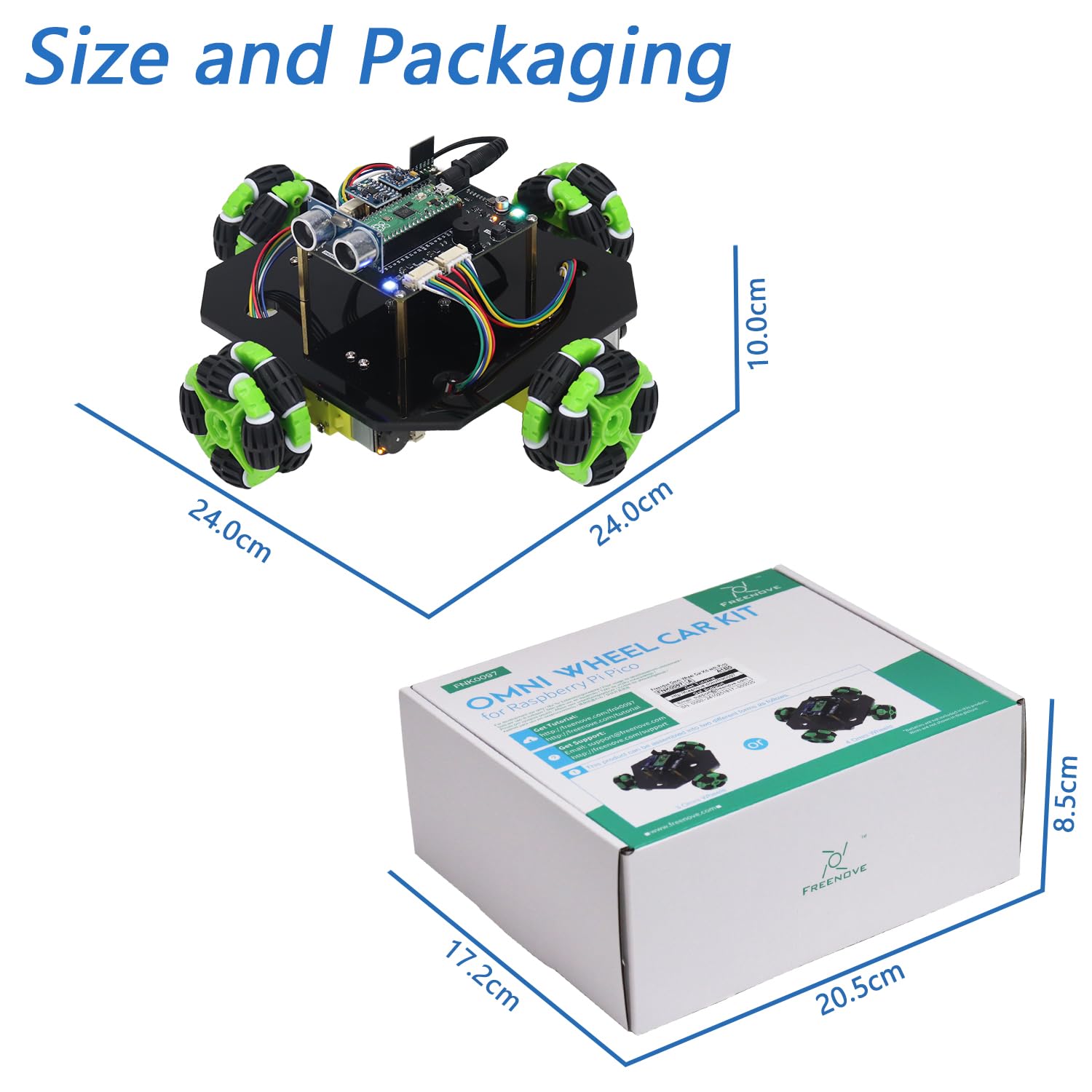 Freenove Omni Wheel Car Kit for Raspberry Pi Pico (Included), Dual-core Arm Cortex-M0+ Microcontroller, 3-wheel and 4-wheel Forms, Accelerometer Module, Compass Module, Ultrasonic Distance Sensor