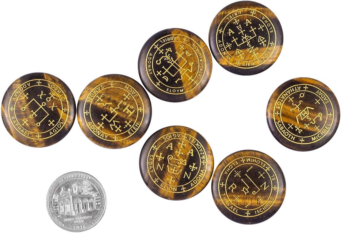 mookaitedecor 7pcs Tiger's Eye Crystals Healing Crystal Grid Set including Engraved Magic Archangel Sigils Symbols for Meditation Pocket Palm Stones Spiritual Crystal Set Witchcraft Witch Gifts Decor - Image 3