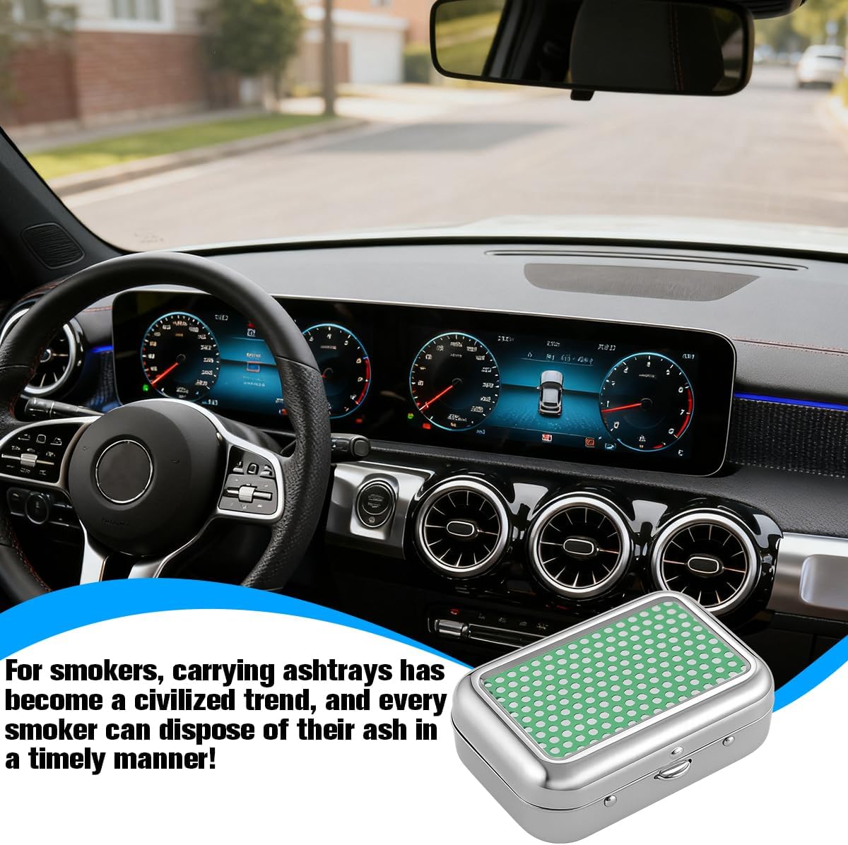 Car Pocket Ashtrays, Mini Metal Portable Vehicle Cigarette Ashtray with Windproof Lid, Carry-on Compact Creative Auto Ash Holder for Outdoor Cars, Universal for Vehicles (Green/Silver)