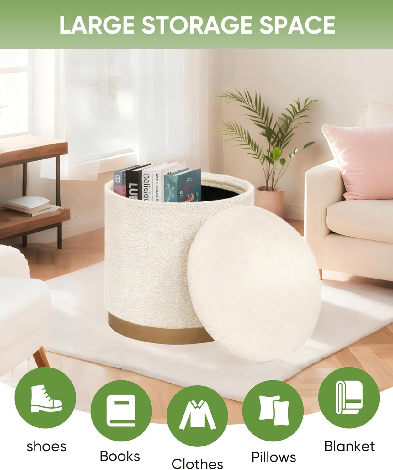 B FSOBEIIALEO Ottoman with Stroage, Round Boucle Storage Ottoman with Gold Plating Base,Foot Rest Stool for Dorm Room, Living Room White, 16.73"x16.73"x17.72" 16.73x16.73x17.72 inches White