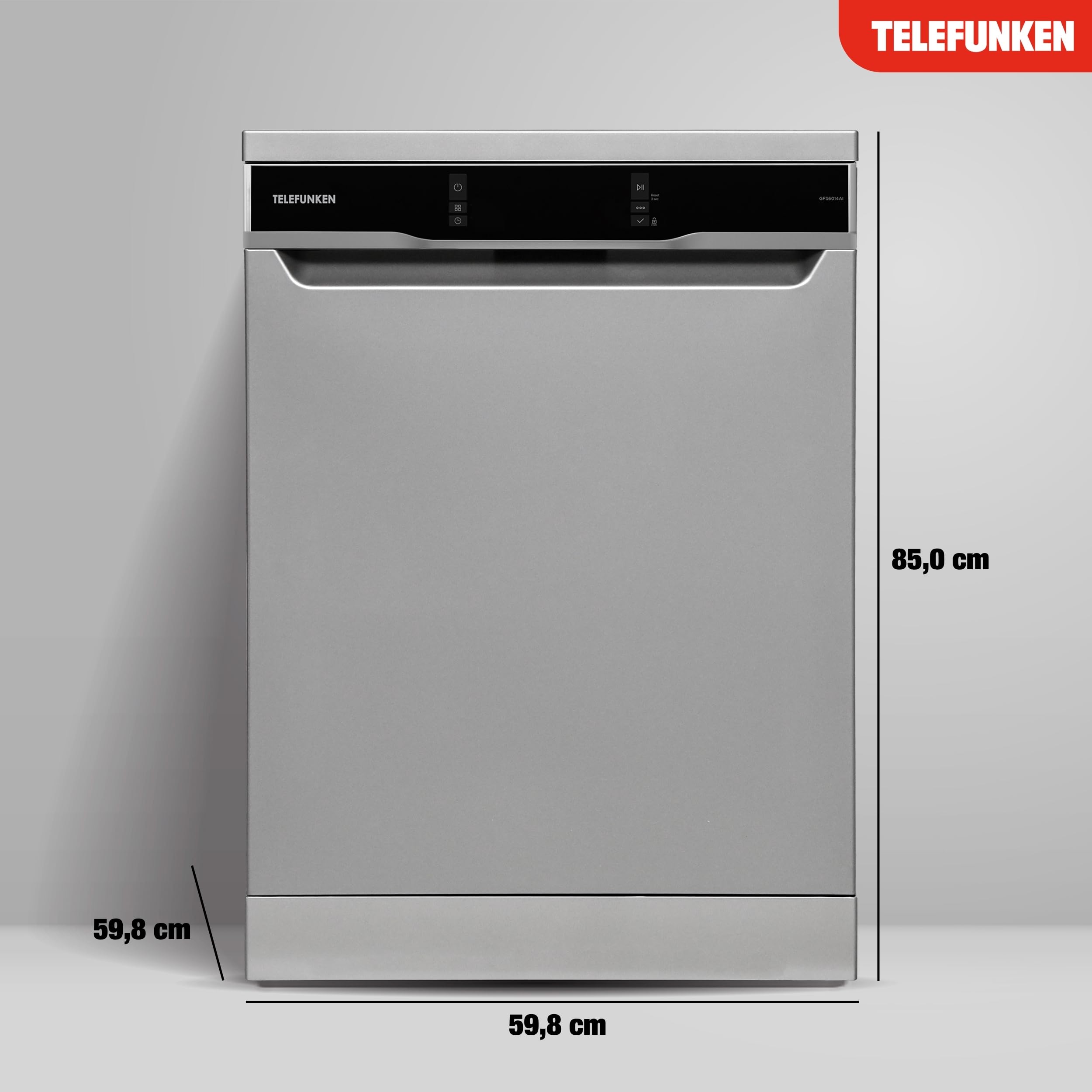 Telefunken Geschirrspüler 60 cm | Spülmaschine freistehend | 14 Maßgedecke | 9 Programme | AquaStop | EEK A | 44 dB | Startzeitvorwahl | Auto-Door | Unterbaufähig | Besteckkorb | Silber | GFS6014AI