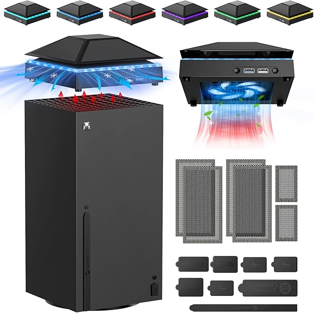 Upgraded Cooling Fan Dust for Xbox Series X with RGB Color Light Strip,FASTSNAIL Accessory with Dust Cover Filter,Rubber Dust Plugs, Adjustable 3-Level Low Noise Top Fan with LED Light,Extra USB Port