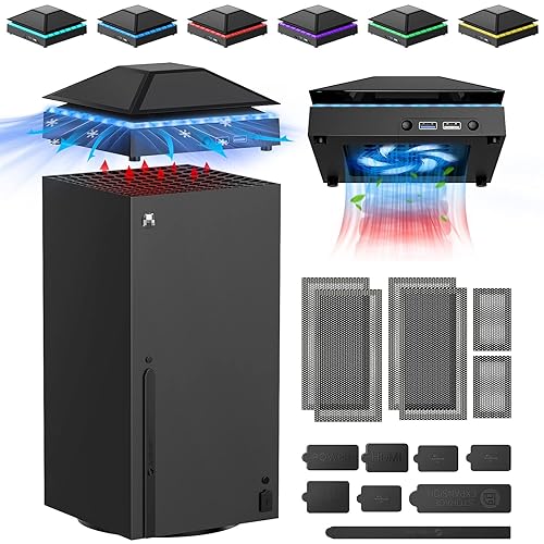 Cooling Fan Dust Cover for Xbox Series X Console, Cooling System with RGB Light, 3.0&2.0 USB Port, Dust Proof Filter, Low Noise Top Fan with 3