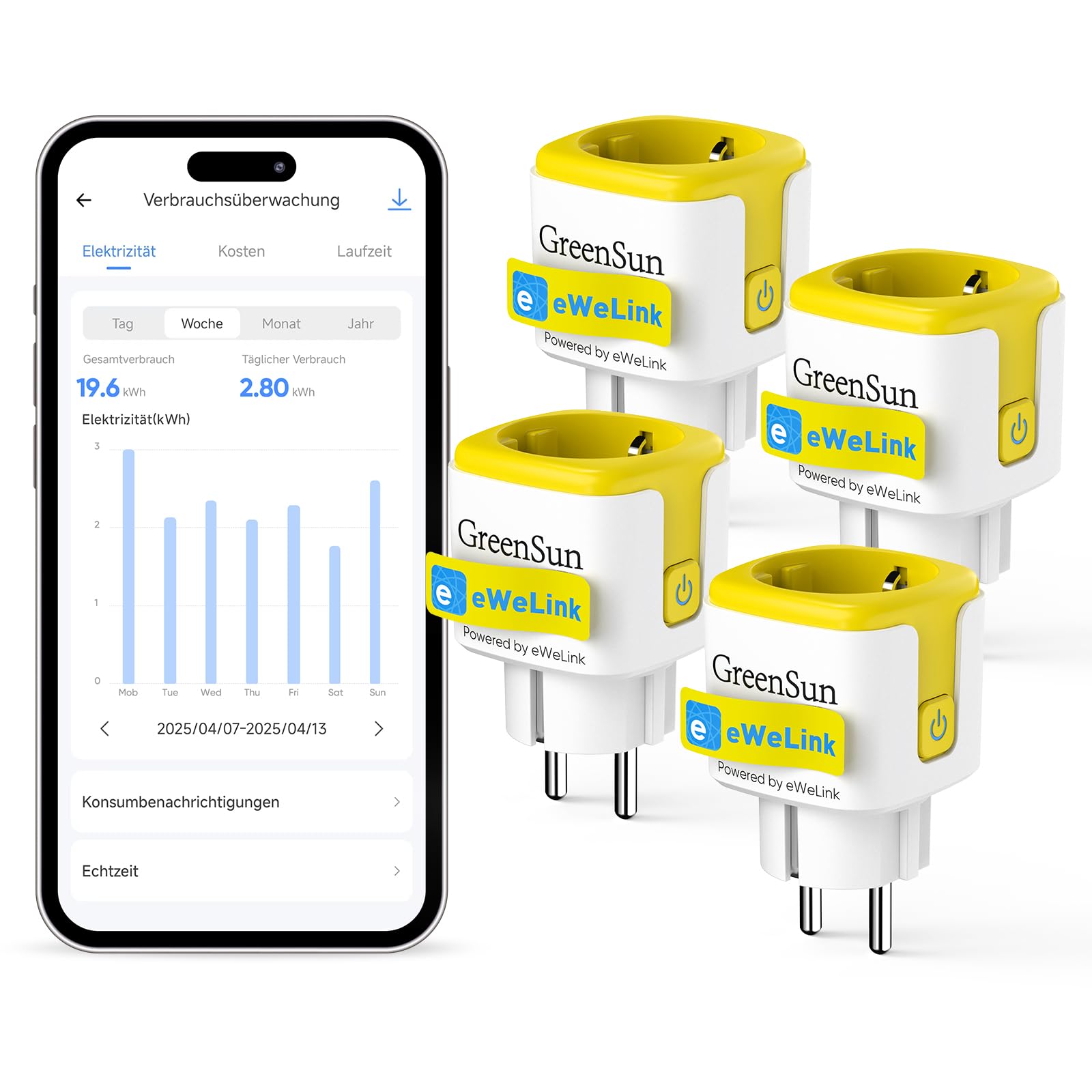 GreenSun Enchufe Inteligente WiFi con Medidor, Alexa y eWeLink, 4 Uds | Control por voz y app: programa horarios, usa temporizador y consulta consumo en eWeLink. Compatible con Alexa y SmartThings
