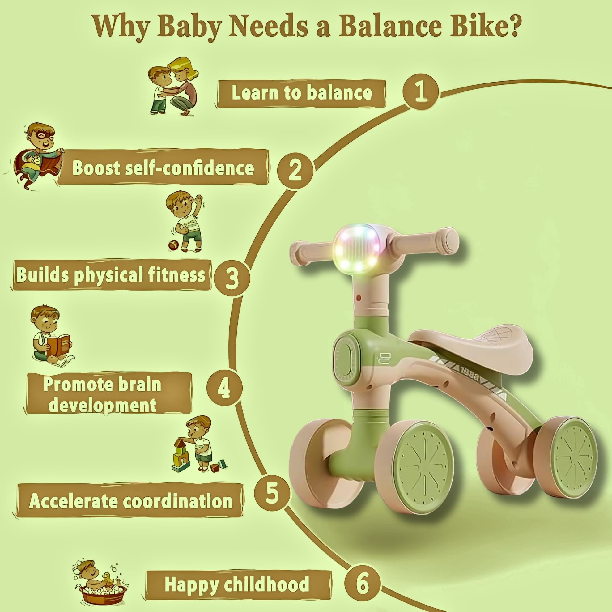 Colorful Lighting Baby Balance Bike for 2-6 Year Old Girl & Boy, 24-72 Month Toddler Balance Bike with 4 Wheels & Comartable Seat, First Birthday Gift (Green) - Image 3 thumbnail