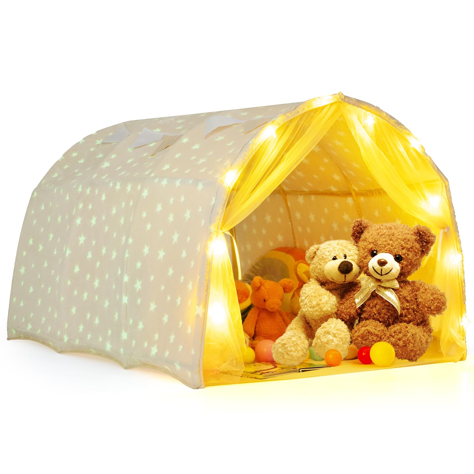 COSTWAY Kids Bed Tent, Glow in the Dark Play Tents with String Lights, Flags, Curtains, Indoor Dream Tunnel Playhouse for Boys Girls