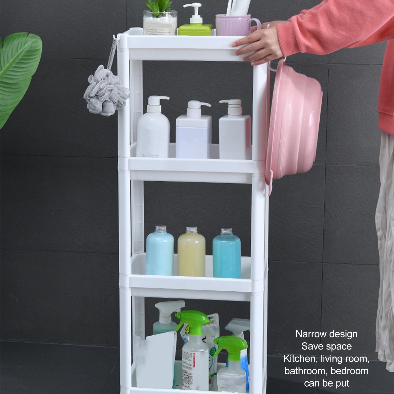 Scaffale a Torre per Bagno, Scaffale Portaoggetti Bianco Sottile Autoportante, Scaffale per Portaoggetti ad Angolo Robusto per Soggiorno Cucina Camera da Letto (4 Tier)