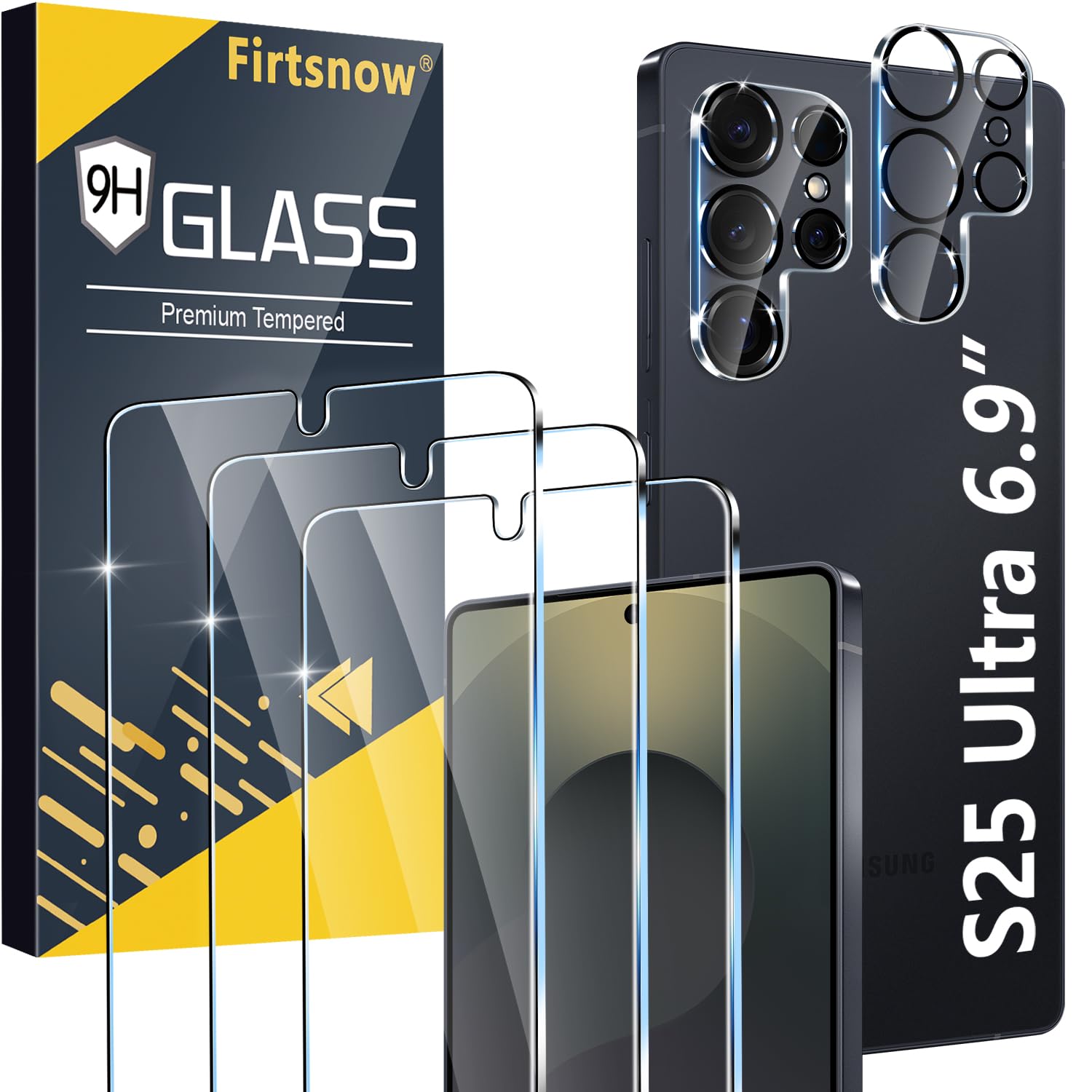 3 Pack for Samsung Galaxy S25 Ultra Screen Protector Tempered Glass + 3 Pack Camera Lens Protector, Military Grade Shatterproof, 9H Hardness, Fingerprint Unlock, HD Clear Case Friendly 6.9 Inch