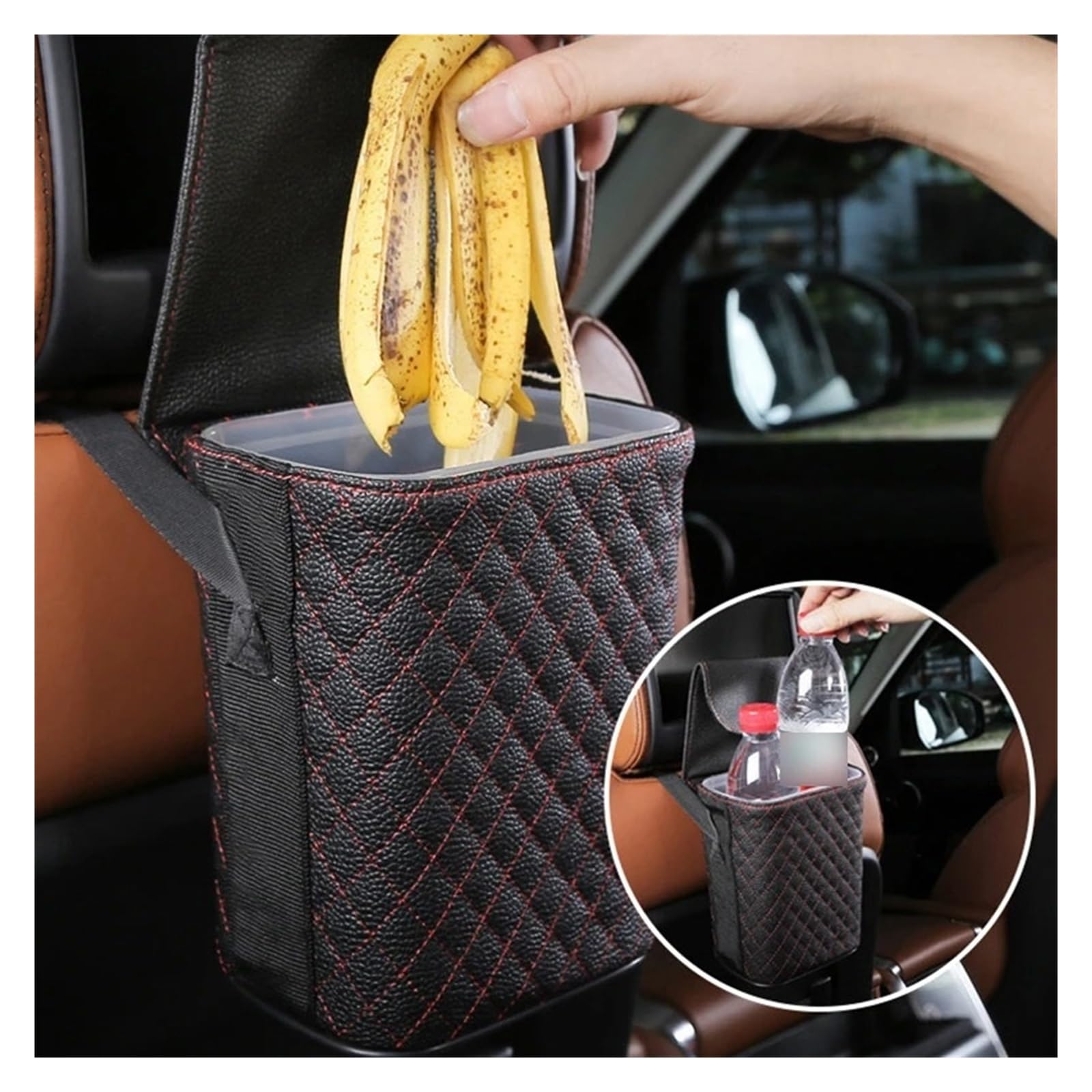 Auto Mülleimer Wasserdichter PU-Leder-Auto-Mülleimer Auto-Zubehör Hängende Organizer-Box Integrierter Abnehmbarer Kunststoffeimer Fahrzeug Mülleimers(13x17cm 2)