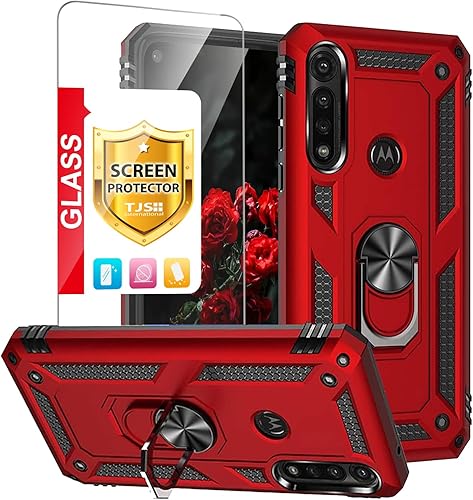 TJS Funda compatible con Motorola Moto G Power (2020), con protector de pantalla de vidrio templado, anillo de metal, soporte magnético, soporte