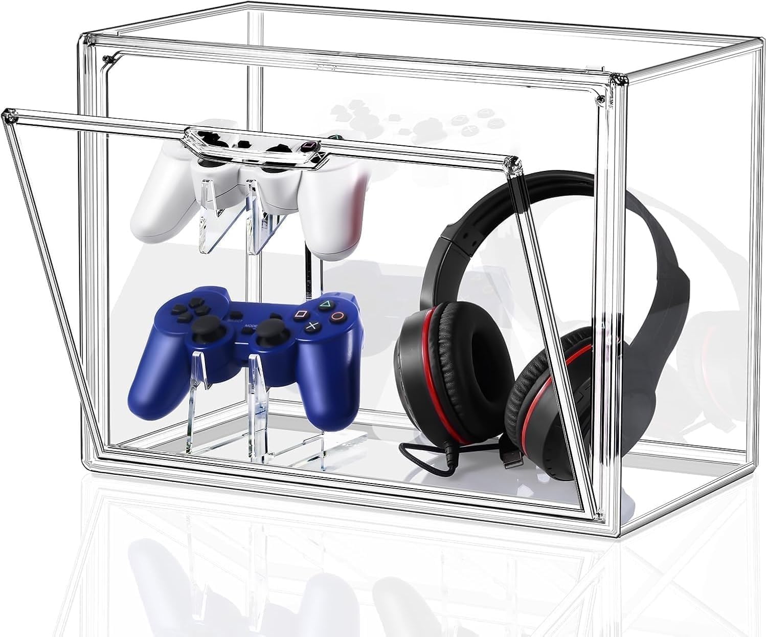 Soporte para Auriculares y Controlador Acrílico con Vitrina Transparente - Organizador de Escritorio Extragrande para Xbox, PS5, PS4, PS3, Switch Pro Más, Caja Exhibidora Puerta Magnética