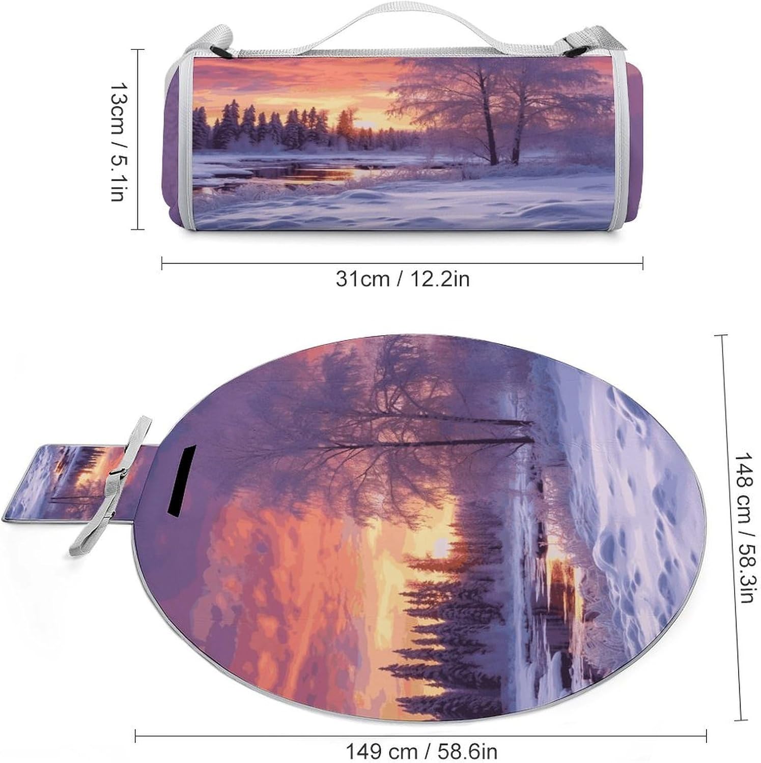 Winter Landscape Picnic Mat Lightweight Waterproof Picnic Blankets Extra Large Picnic Outdoor Blankets Foldable Sandproof Beach Blanket for Park Beach Camping Courtyard 58.3''x58.3''