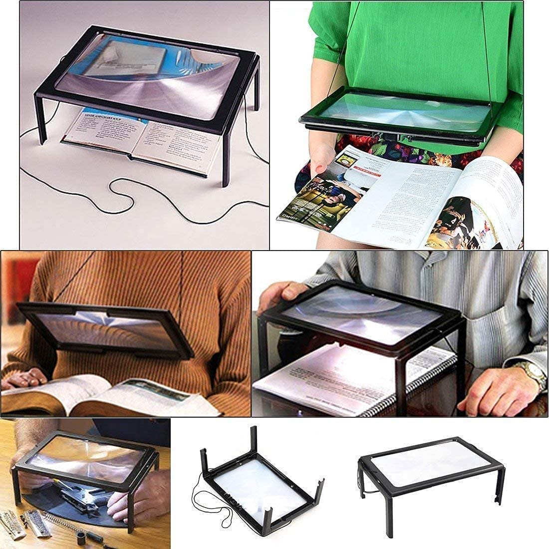 Lupa de Lectura Rectangular A4 de 3 aumentos para página Completa, con Manos Libres, Plegable y Grande, con 4 Luces LED, Ideal para Personas Mayores.
