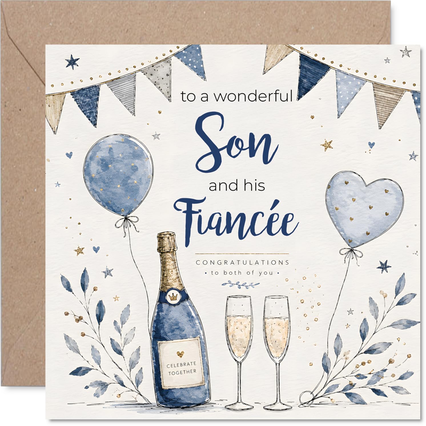 Heartfelt Engagement Card - Celebrate Their Happy News - Watercolour-style Balloons, Champagne and Bunting - 145mm Square, Envelope Included