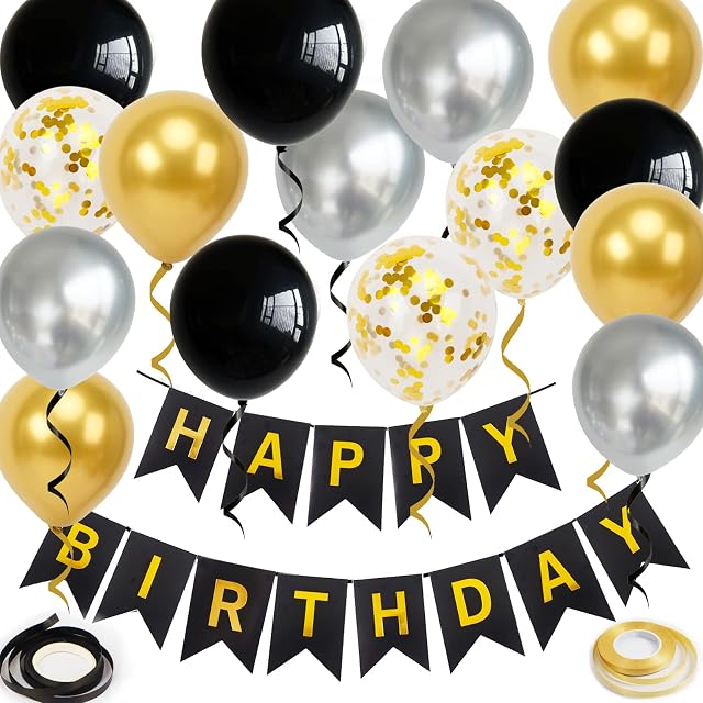 Happy Birthday Banner, Black Gold Birthday Decoration, 15 pcs 12 inch Happy Birthday Balloons with 2 Ribbons Perfect for Birthday Party Decorations