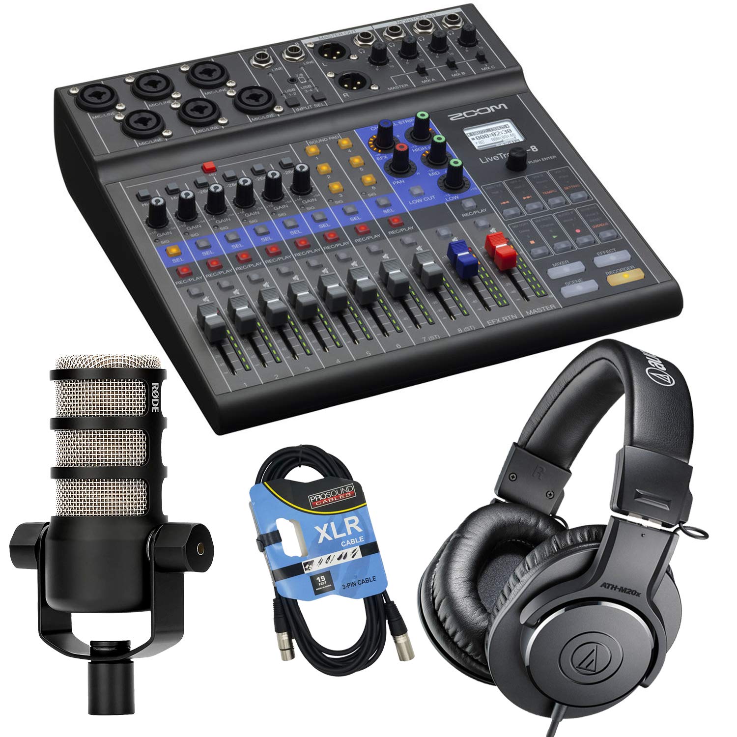 Clutch Zoom LiveTrak L-8 Portable Mixer, Rode PodMic, ATH-M20x, XLR Cable Bundle