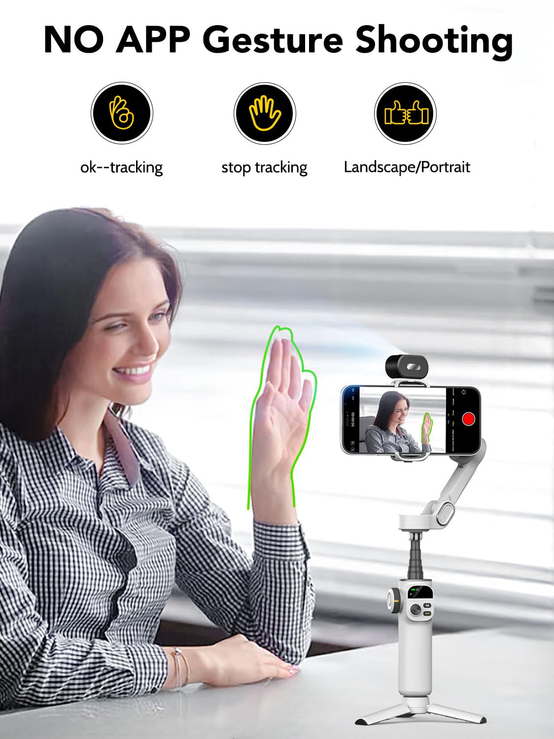 Smartphone Stabilisateur de cardan, Perche d'extension, Suivi du Visage Objets sans Application, cardan pour iPhone et Android, écran OLED, contrôle gestuel stabilisateur, AOCHUAN Smart X2AI Blanc