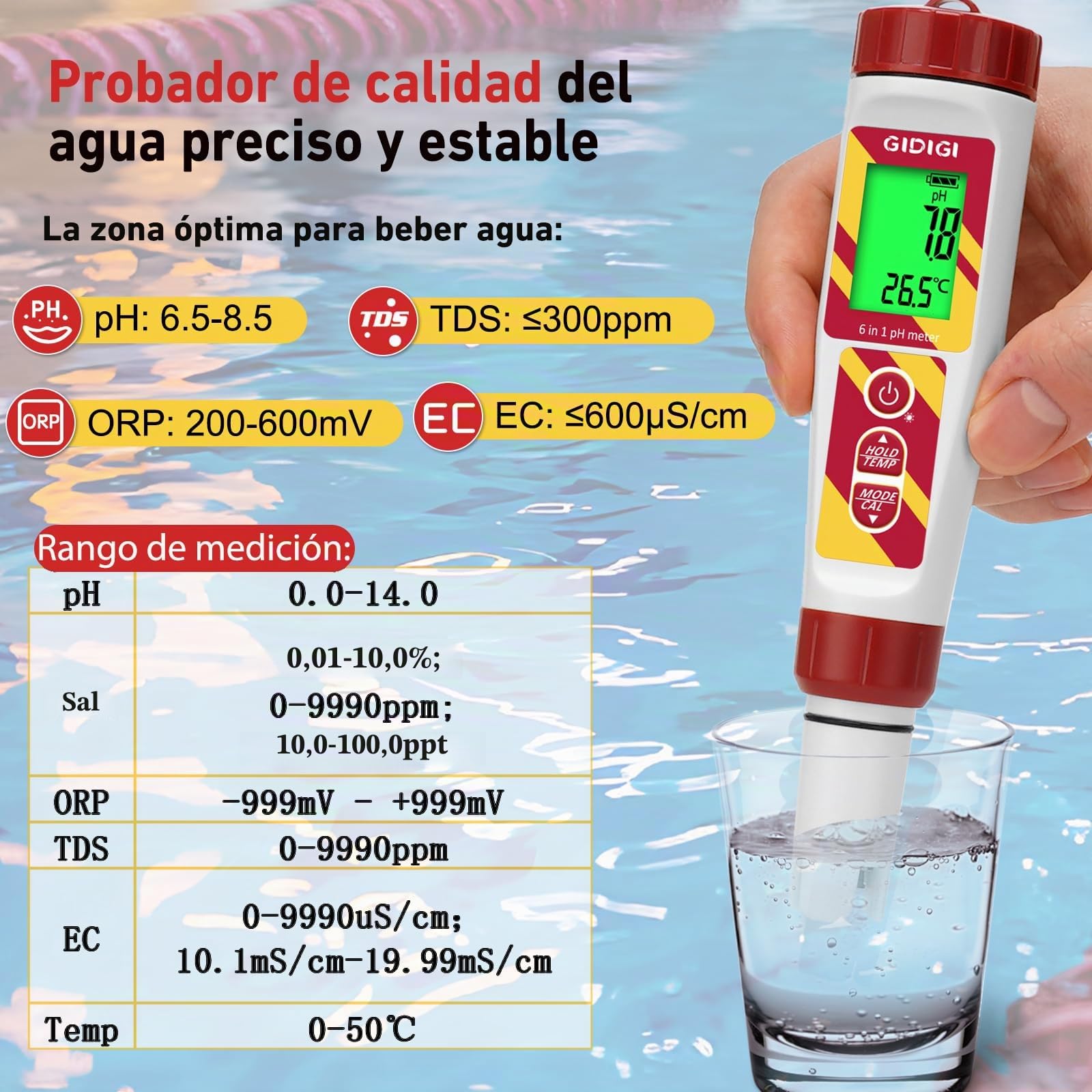 Comprobador digital de calidad del agua 6 en 1 para piscinas e hidropónicos, pH/ORP/TDS/EC/salinidad/TEMP con solución de calibración ORP, Medidor pH ORP para acuarios, agua potable, cerveza